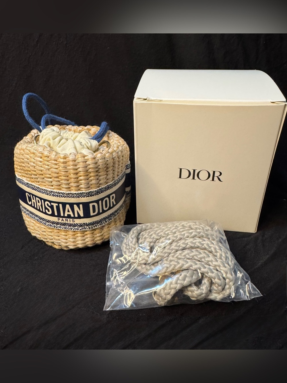 Dior Natural Woven Mini Bucket Bag with Navy Trim